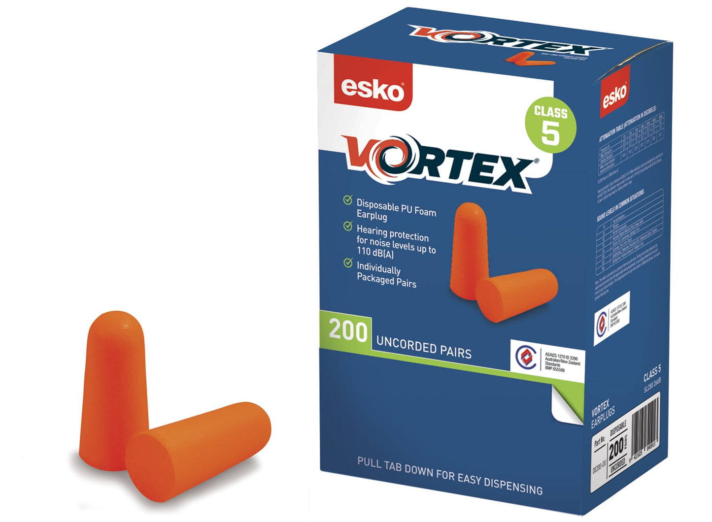 ESKO VORTEX EARPLUGS ORANGE UNCORDED
