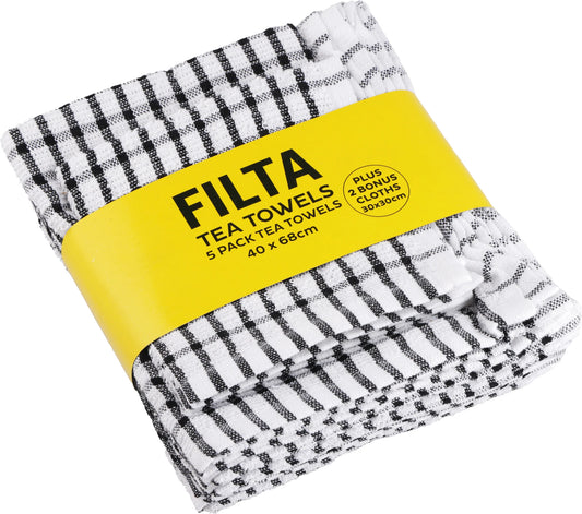 FILTA COTTON TEA TOWELS X 5 (40CM X 68CM) + 2 DISH CLOTHS (30CM X 30CM)