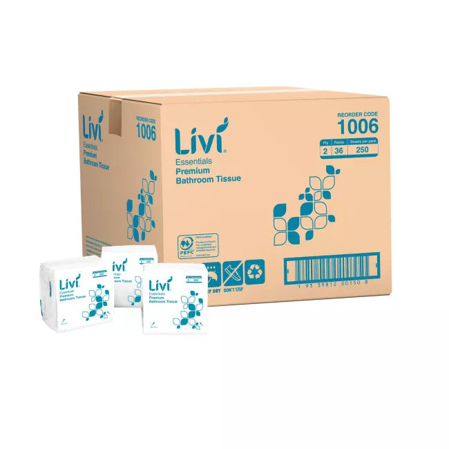 LIVI ESSENTIALS INTERLEAVE TOILET TISSUE | 2PLY 250SHEETS X 36 CARTON