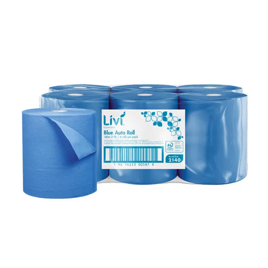 LIVI ESSENTIALS BLUE AUTO-ROLL HAND TOWEL | 2PLY 140M X 6 CARTON