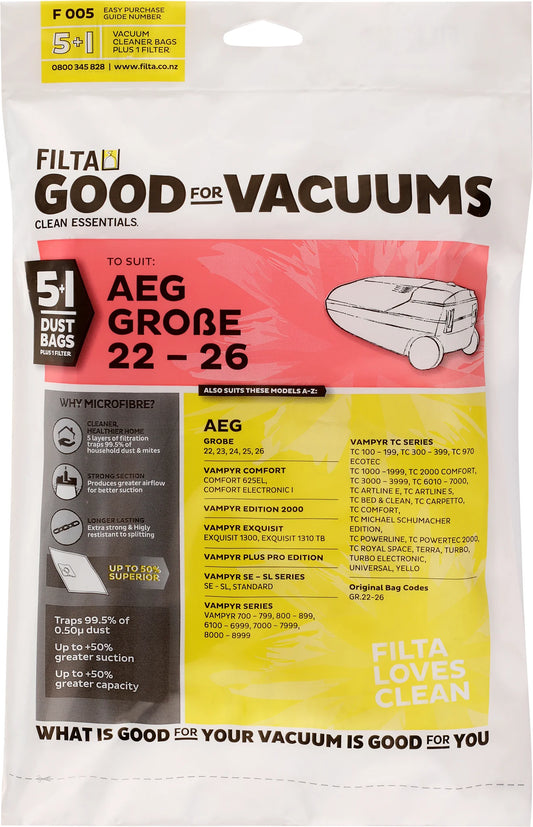 AEG GROBE 22-26 SMS MULTI LAYERED VACUUM CLEANER BAGS 5 PACK (F005)