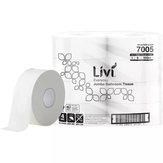 LIVI BASICS JUMBO TOILET TISSUE | 1PLY 500M x 8 CARTON