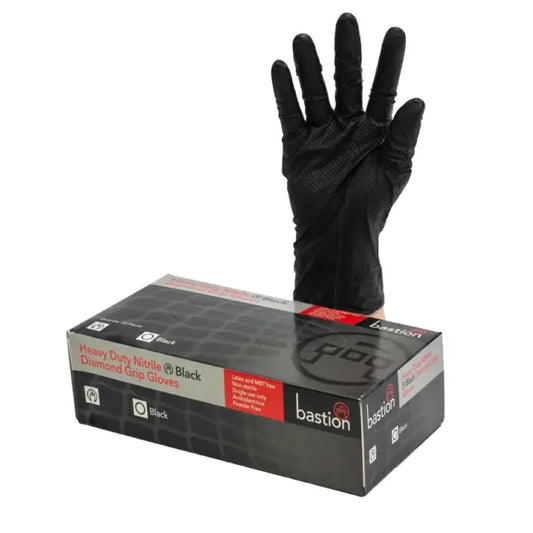 BASTION BLACK NITRILE DIAMOND GRIP GLOVES CARTON 10 X 50PK