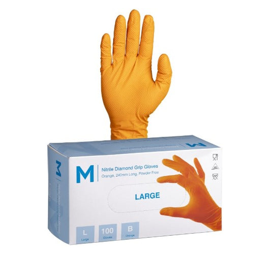 M NITRILE DIAMOND GRIP GLOVES ORANGE | 100PKT