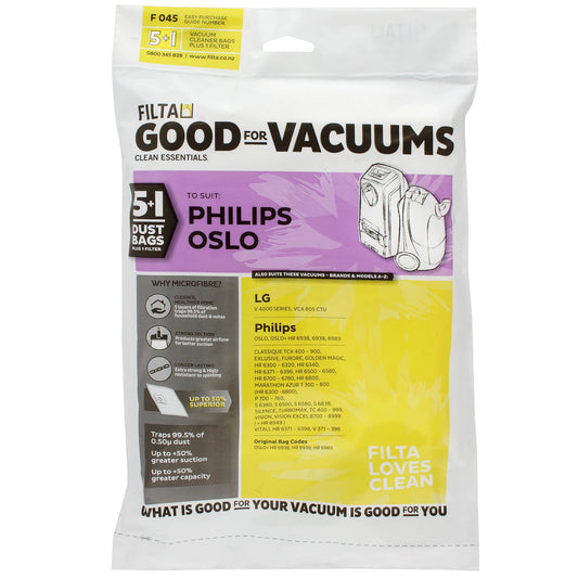 PHILIPS OSLO SMS MULTI LAYERED VACUUM CLEANER BAGS 5 PACK (F045)
